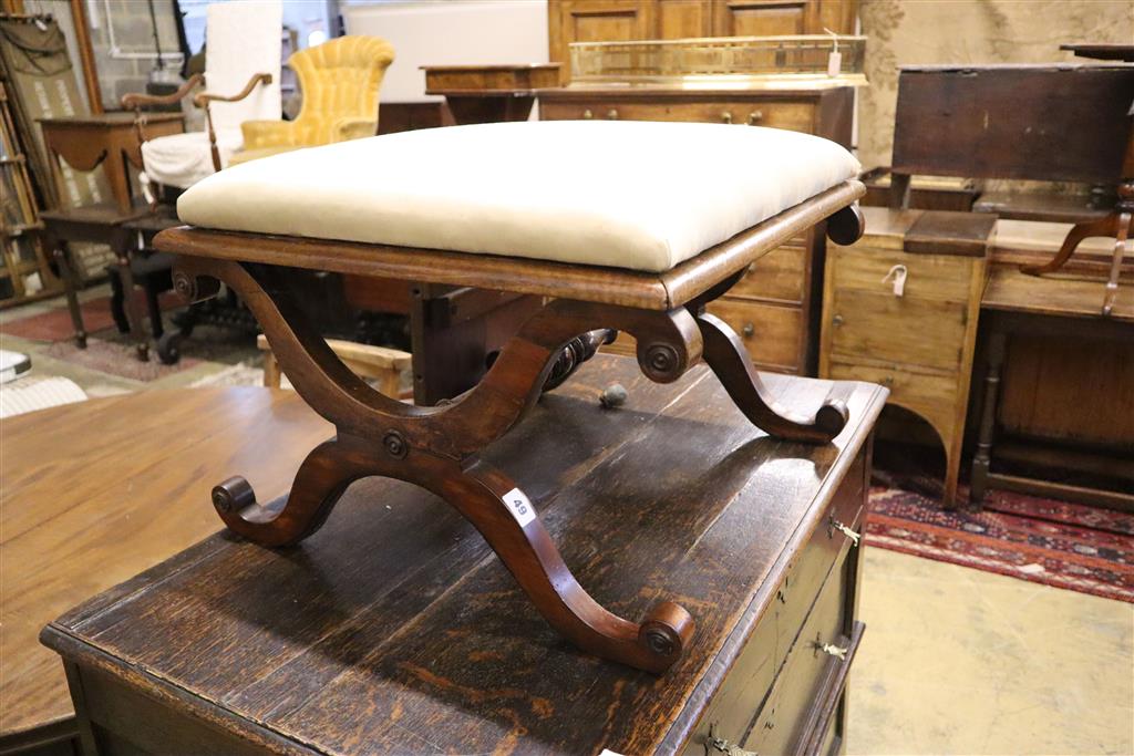 A Victorian mahogany X frame dressing stool, width 59cm, depth 54cm, height 40cm